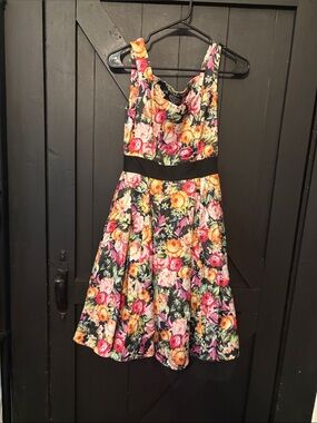 Black Floral Fit-and-Flare Midi Dress with Multicolor Roses